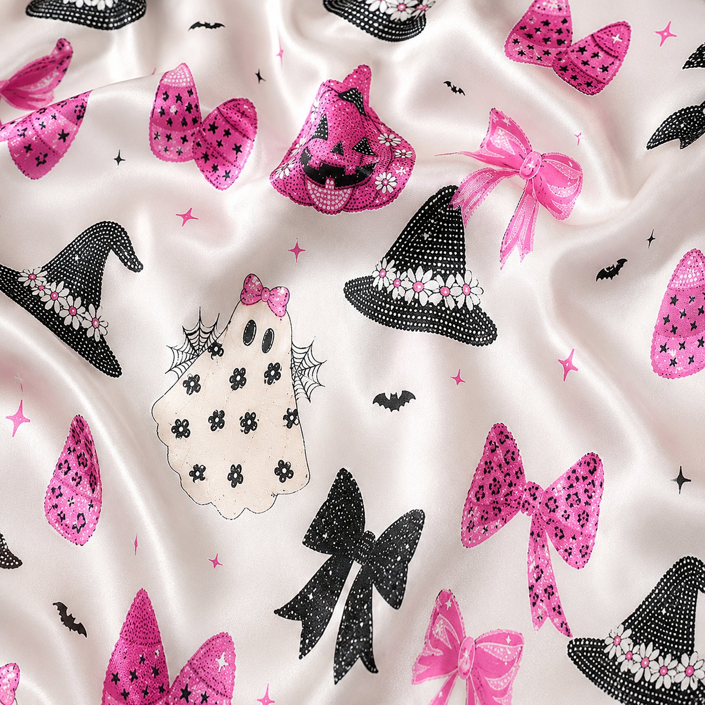 PJ-700-Pink Coquette Halloween Satin Pajama Set with Bows Pumpkins and Witch Hat Pattern