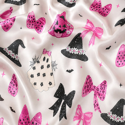 PJ-700-Pink Coquette Halloween Satin Pajama Set with Bows Pumpkins and Witch Hat Pattern