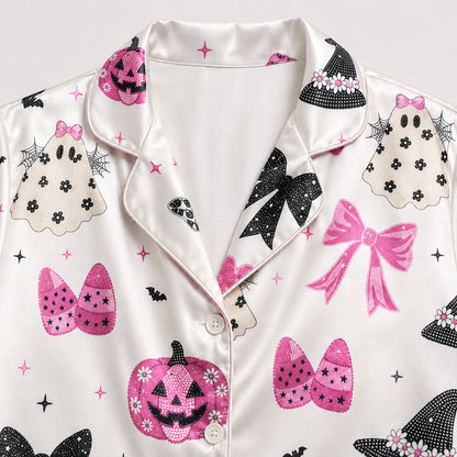 PJ-700-Pink Coquette Halloween Satin Pajama Set with Bows Pumpkins and Witch Hat Pattern