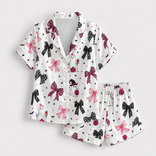 PJ-701-Coquette Bow Satin Pajama Set with Pink Black Ribbon and Pumpkin Halloween Pattern