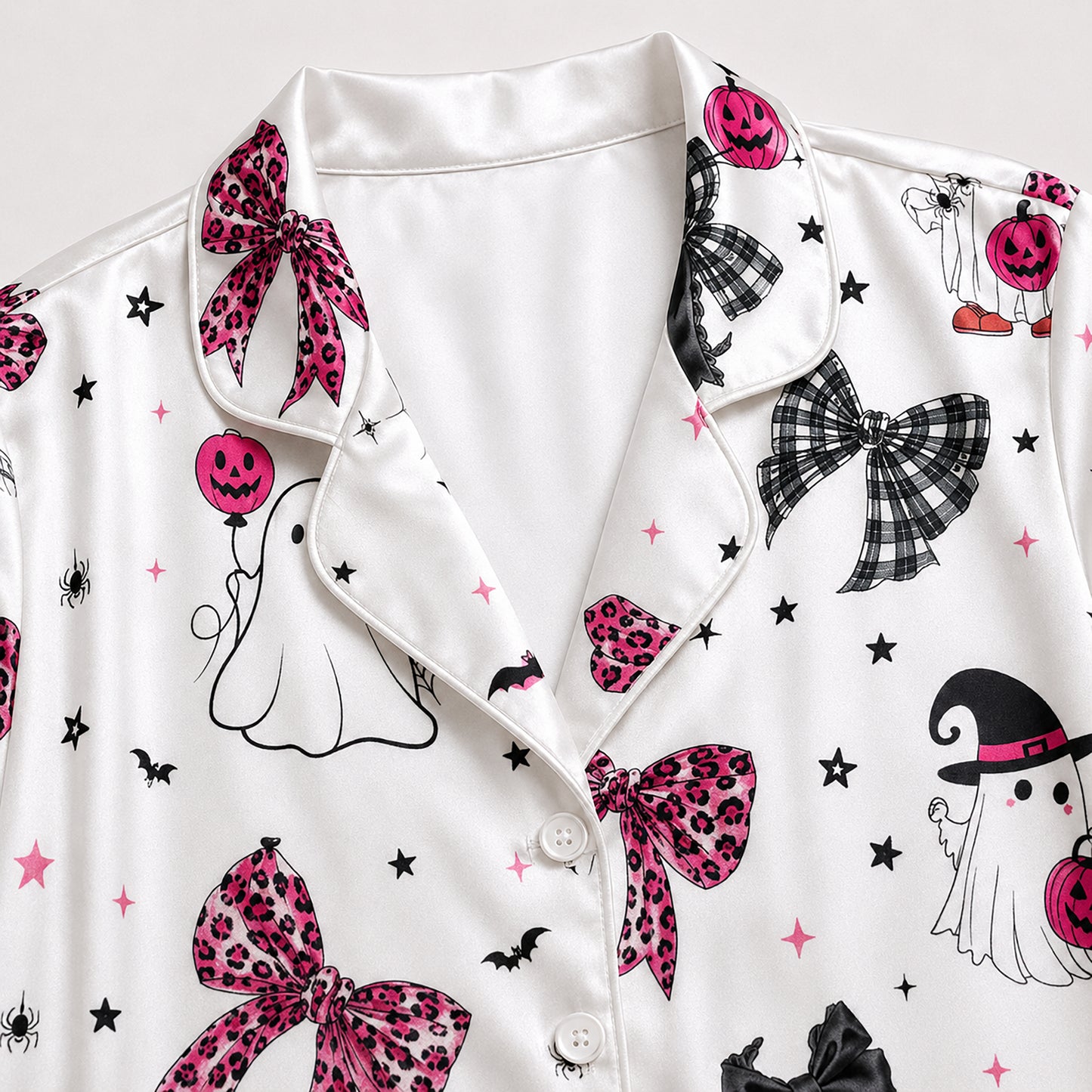 PJ-701-Coquette Bow Satin Pajama Set with Pink Black Ribbon and Pumpkin Halloween Pattern