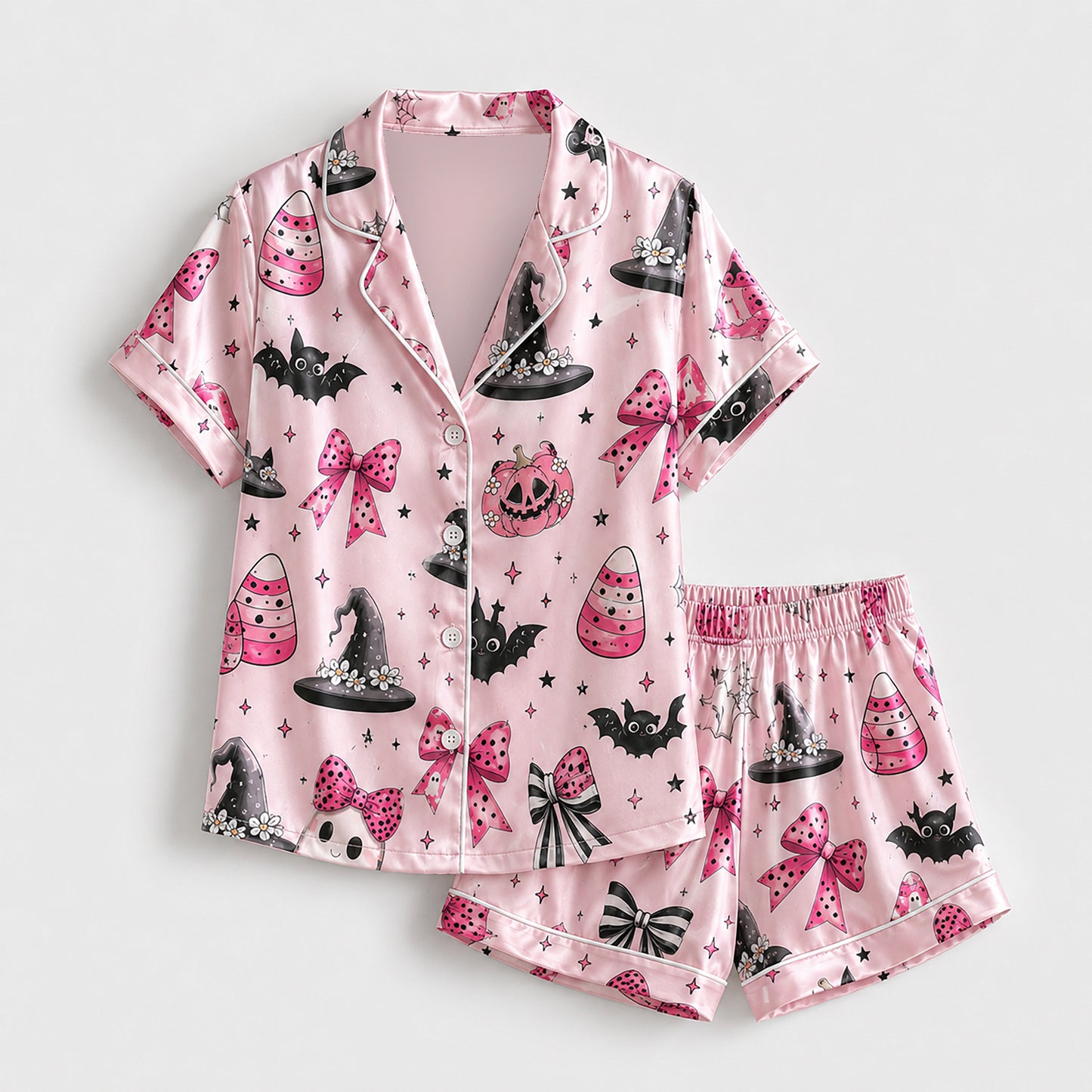 PJ-702-Pink Halloween Satin Pajama Set with Bows Bats Witch Hat and Pumpkin Pattern