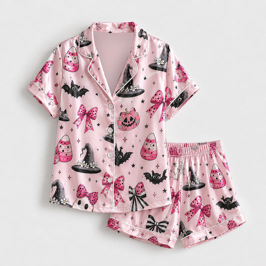 PJ-702-Pink Halloween Satin Pajama Set with Bows Bats Witch Hat and Pumpkin Pattern