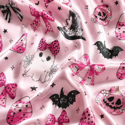 PJ-702-Pink Halloween Satin Pajama Set with Bows Bats Witch Hat and Pumpkin Pattern