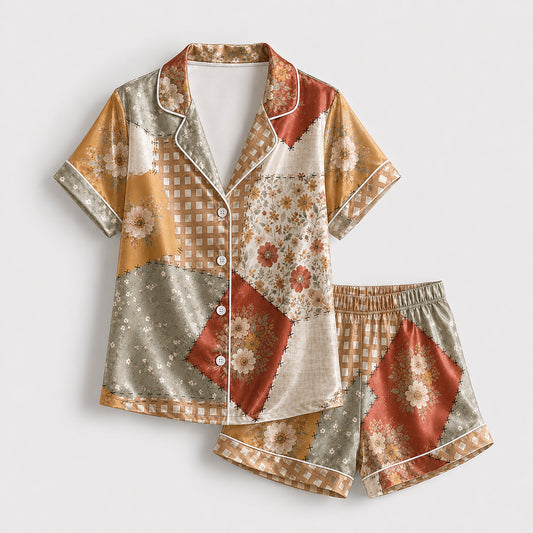 PJ-703-Vintage Patchwork Satin Pajama Set with Floral Plaid and Rustic Autumn Pattern
