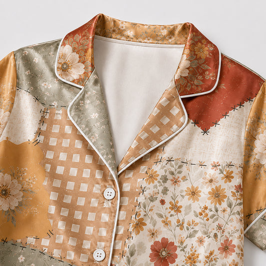 PJ-703-Vintage Patchwork Satin Pajama Set with Floral Plaid and Rustic Autumn Pattern