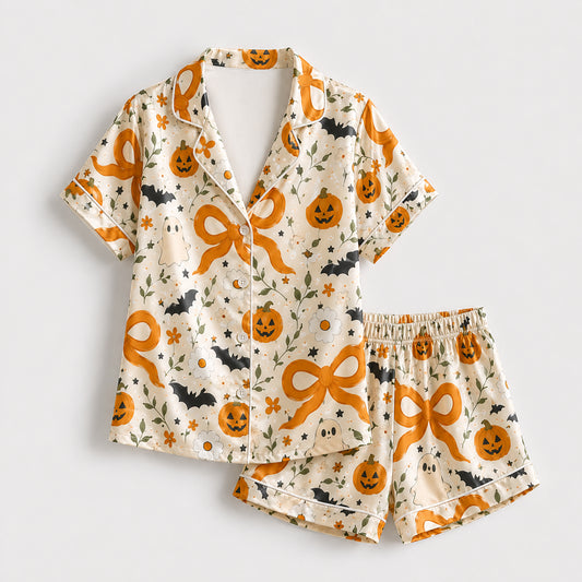 PJ-704-Kawaii Halloween Satin Pajama Set with Cute Ghost Pumpkin Black Cat and Candy Pattern