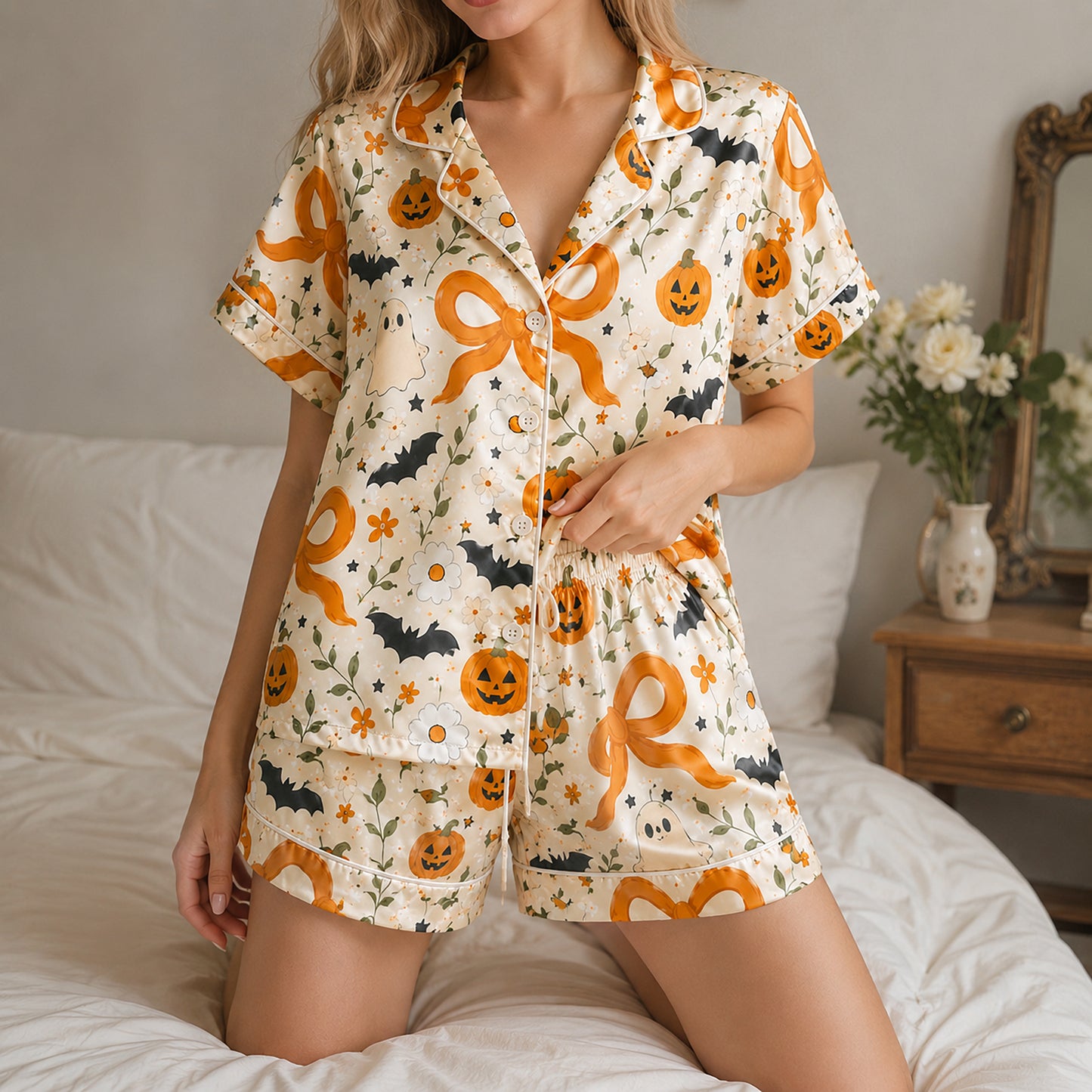 PJ-704-Kawaii Halloween Satin Pajama Set with Cute Ghost Pumpkin Black Cat and Candy Pattern