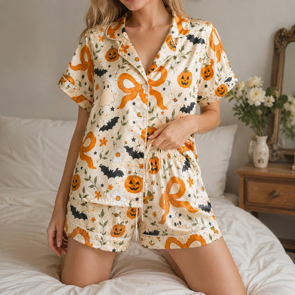 PJ-704-Kawaii Halloween Satin Pajama Set with Cute Ghost Pumpkin Black Cat and Candy Pattern