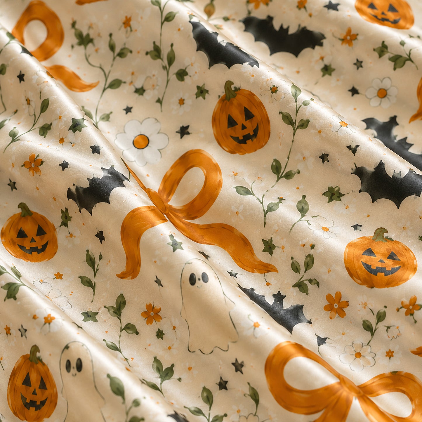 PJ-704-Kawaii Halloween Satin Pajama Set with Cute Ghost Pumpkin Black Cat and Candy Pattern