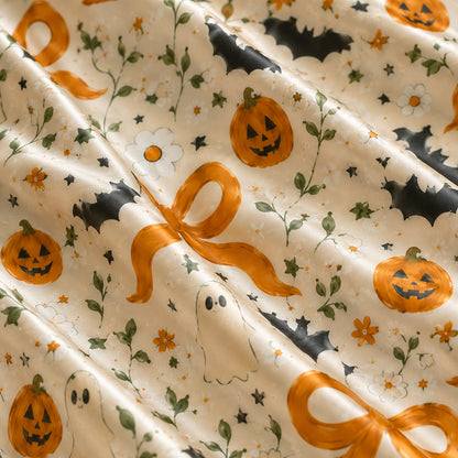 PJ-704-Kawaii Halloween Satin Pajama Set with Cute Ghost Pumpkin Black Cat and Candy Pattern