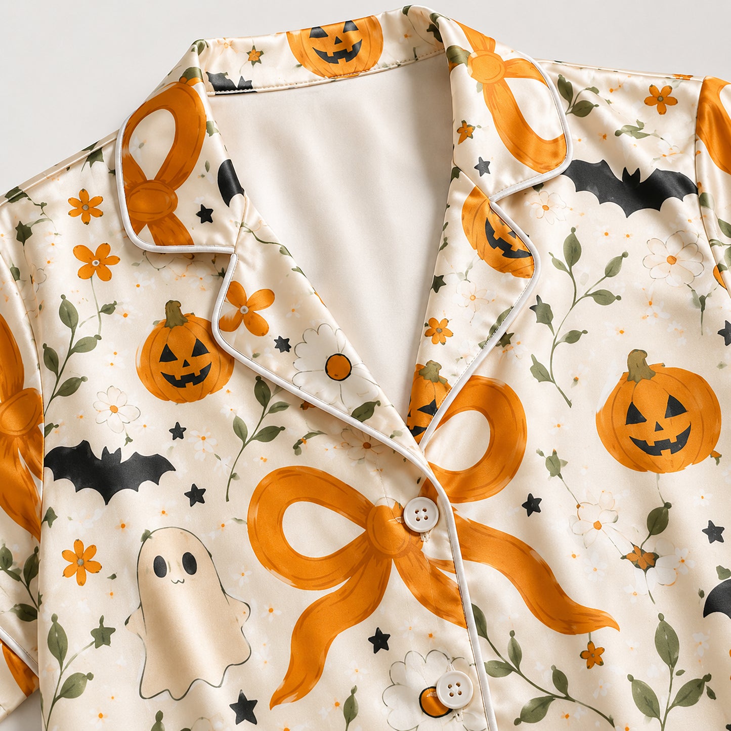 PJ-704-Kawaii Halloween Satin Pajama Set with Cute Ghost Pumpkin Black Cat and Candy Pattern