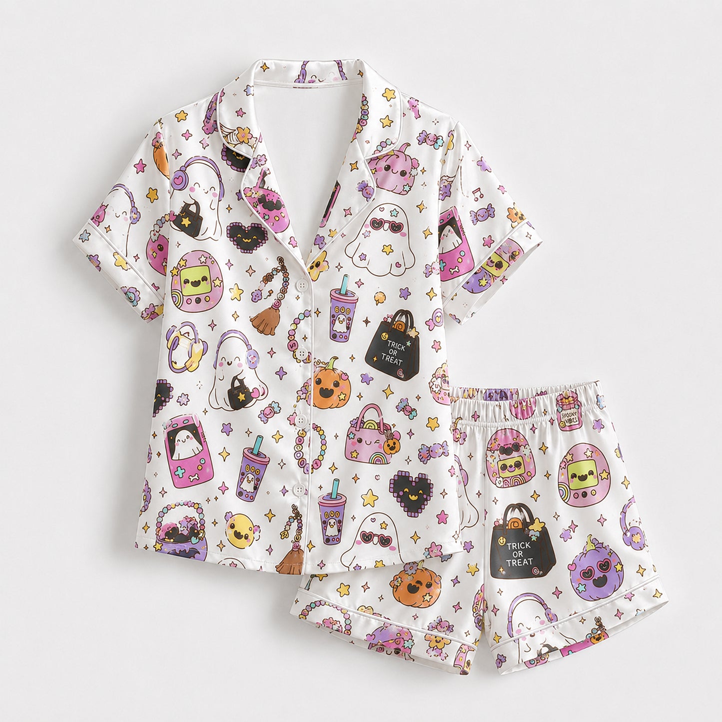 PJ-705-Kawaii Halloween Satin Pajama Set with Cute Spooky Character Pattern for Cozy Sleepwear