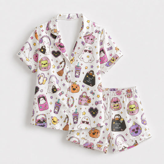 PJ-705-Kawaii Halloween Satin Pajama Set with Cute Spooky Character Pattern for Cozy Sleepwear