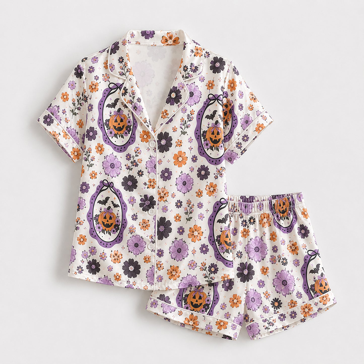 PJ-706-Vintage Floral Halloween Satin Pajama Set with Pumpkin Cameo and Purple Flower Pattern