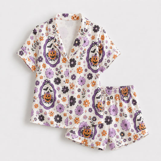 PJ-706-Vintage Floral Halloween Satin Pajama Set with Pumpkin Cameo and Purple Flower Pattern