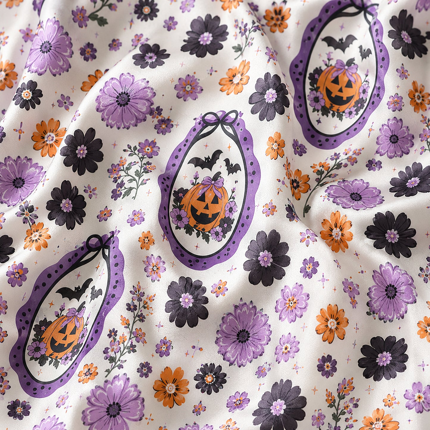 PJ-706-Vintage Floral Halloween Satin Pajama Set with Pumpkin Cameo and Purple Flower Pattern