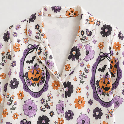 PJ-706-Vintage Floral Halloween Satin Pajama Set with Pumpkin Cameo and Purple Flower Pattern