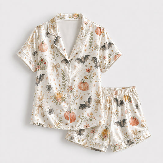 PJ-707-Vintage Pumpkin Satin Pajama Set with Bat Floral and Autumn Botanical Pattern