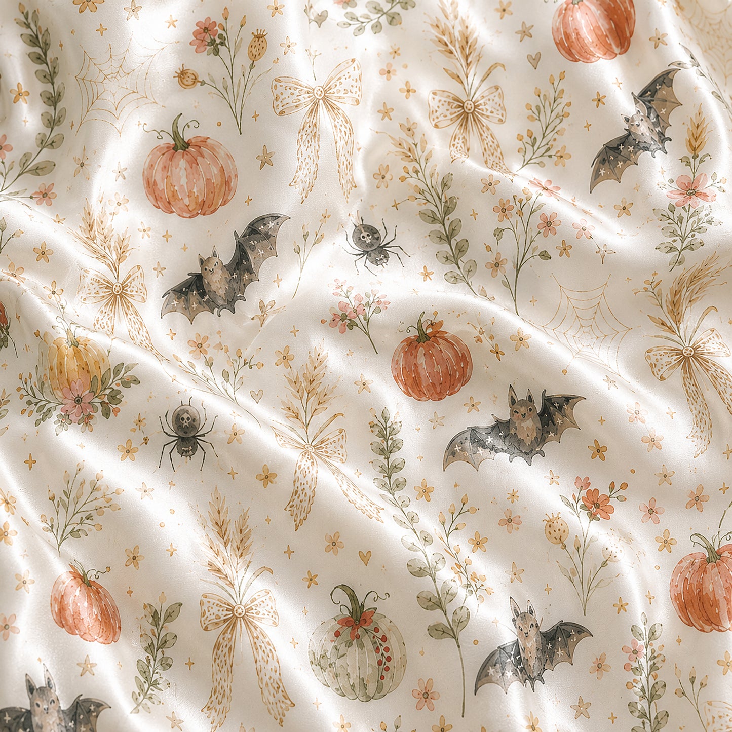 PJ-707-Vintage Pumpkin Satin Pajama Set with Bat Floral and Autumn Botanical Pattern
