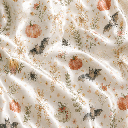PJ-707-Vintage Pumpkin Satin Pajama Set with Bat Floral and Autumn Botanical Pattern