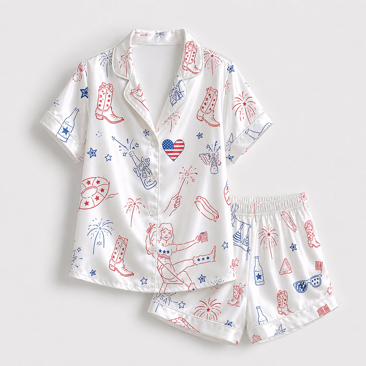 PJ-708-Patriotic Western Satin Pajama Set with Cowboy Boots Hat USA Flag and Americana Pattern