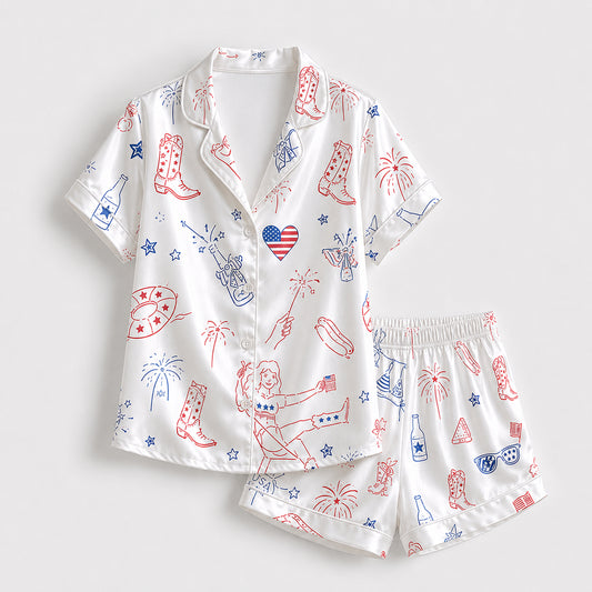 PJ-708-Patriotic Western Satin Pajama Set with Cowboy Boots Hat USA Flag and Americana Pattern
