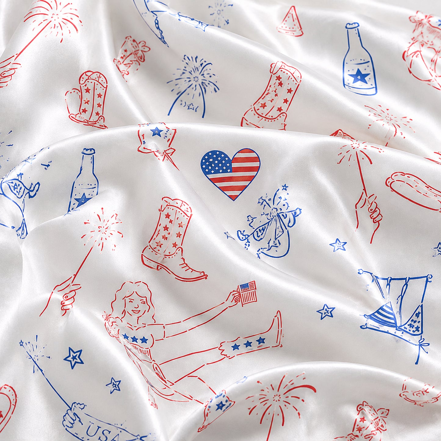 PJ-708-Patriotic Western Satin Pajama Set with Cowboy Boots Hat USA Flag and Americana Pattern