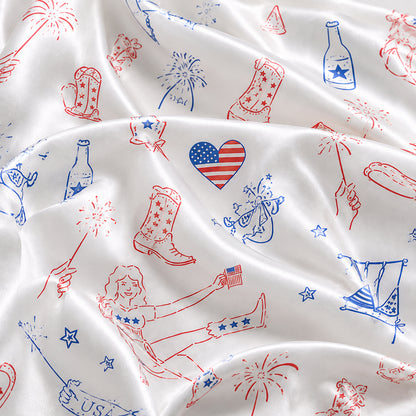 PJ-708-Patriotic Western Satin Pajama Set with Cowboy Boots Hat USA Flag and Americana Pattern