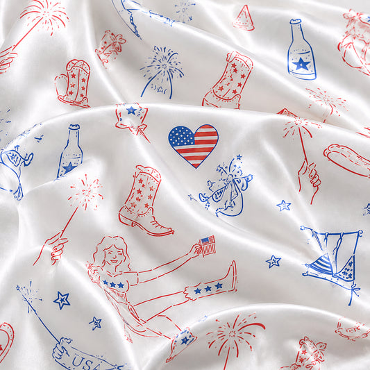 PJ-708-Patriotic Western Satin Pajama Set with Cowboy Boots Hat USA Flag and Americana Pattern