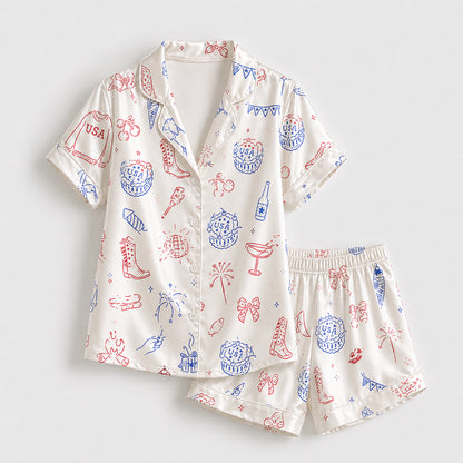 PJ-709-Patriotic Americana Satin Pajama Set with USA Icons Fireworks Cowboy Boots and Western Pattern