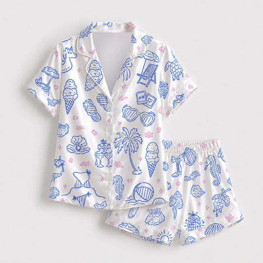 PJ-710-Coastal Summer Satin Pajama Set with Seashell Starfish Seahorse Palm Tree and Beach Pattern