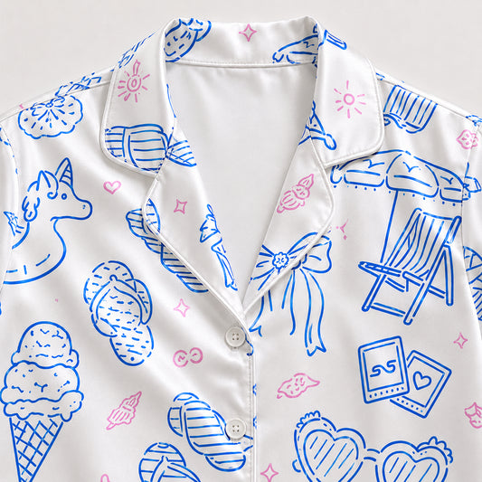 PJ-710-Coastal Summer Satin Pajama Set with Seashell Starfish Seahorse Palm Tree and Beach Pattern