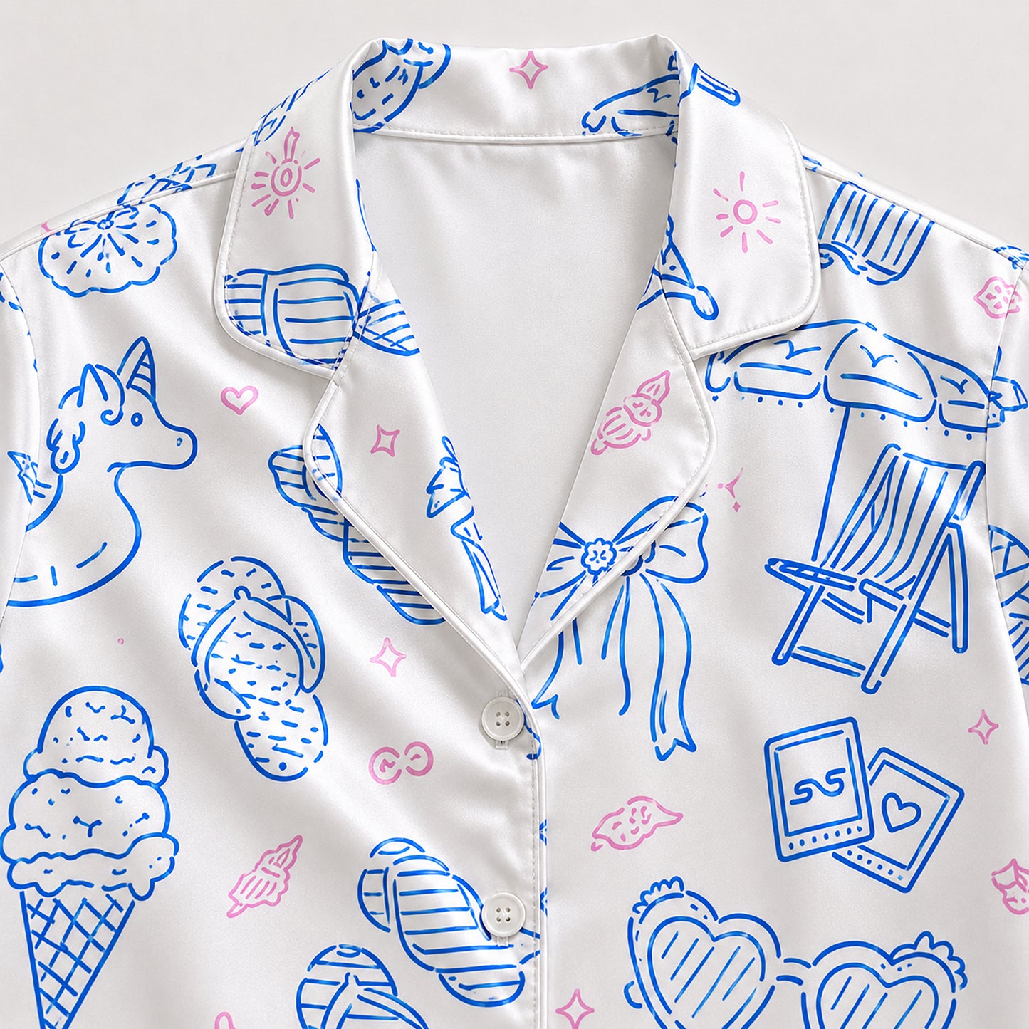 PJ-710-Coastal Summer Satin Pajama Set with Seashell Starfish Seahorse Palm Tree and Beach Pattern