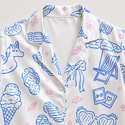 PJ-710-Coastal Summer Satin Pajama Set with Seashell Starfish Seahorse Palm Tree and Beach Pattern