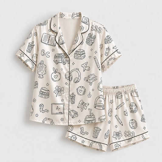 PJ-711-School Doodle Satin Pajama Set with Classroom Learning Book Apple Backpack and Education Pattern