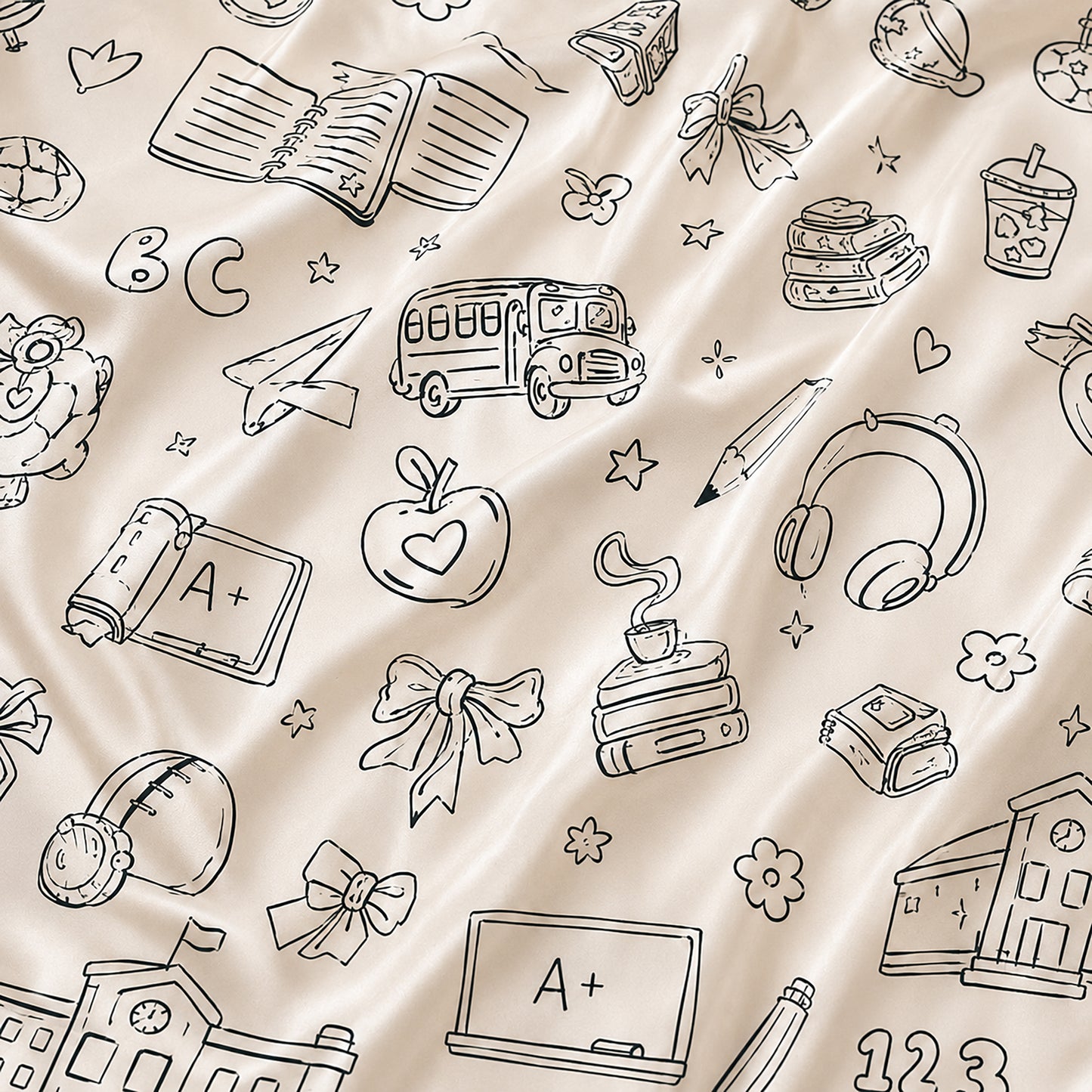 PJ-711-School Doodle Satin Pajama Set with Classroom Learning Book Apple Backpack and Education Pattern
