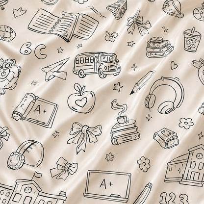 PJ-711-School Doodle Satin Pajama Set with Classroom Learning Book Apple Backpack and Education Pattern