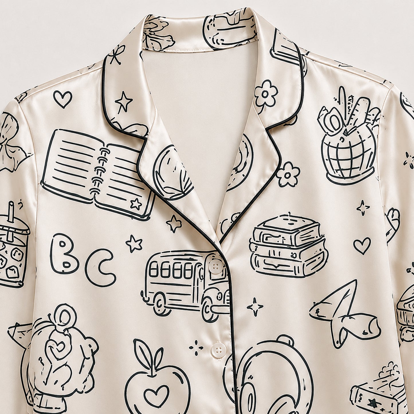 PJ-711-School Doodle Satin Pajama Set with Classroom Learning Book Apple Backpack and Education Pattern