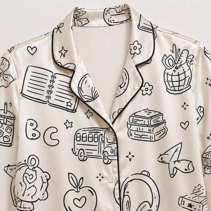 PJ-711-School Doodle Satin Pajama Set with Classroom Learning Book Apple Backpack and Education Pattern