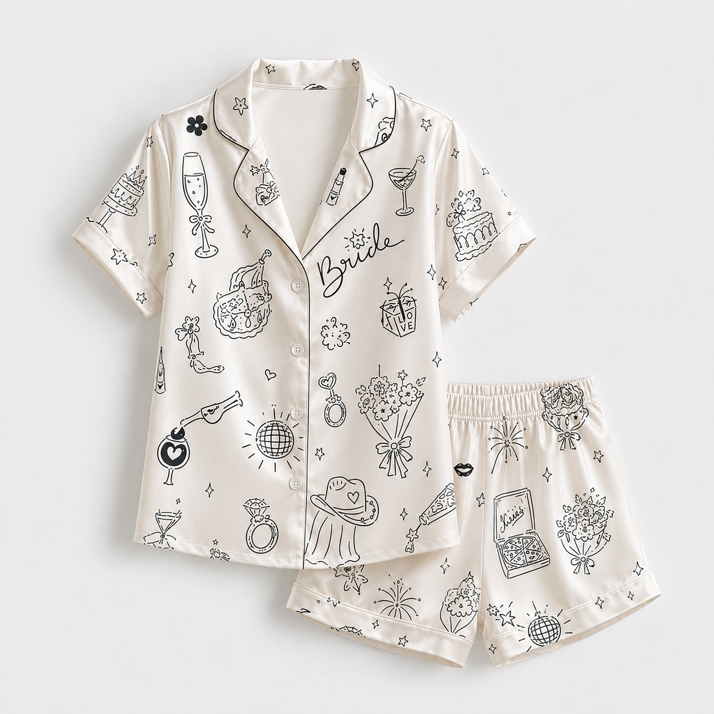 PJ-712-Bridal Satin Pajama Set with Wedding Doodle Pattern and Minimalist Celebration Icons