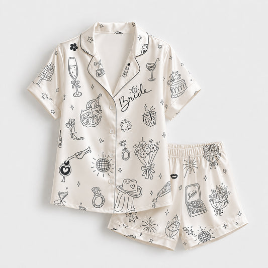 PJ-712-Bridal Satin Pajama Set with Wedding Doodle Pattern and Minimalist Celebration Icons