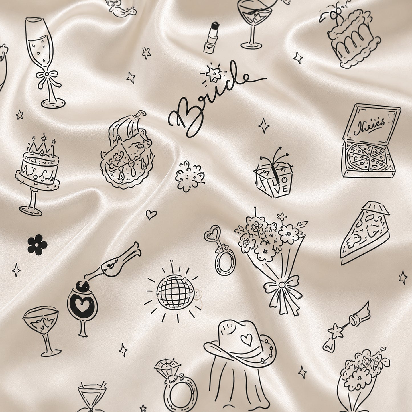 PJ-712-Bridal Satin Pajama Set with Wedding Doodle Pattern and Minimalist Celebration Icons