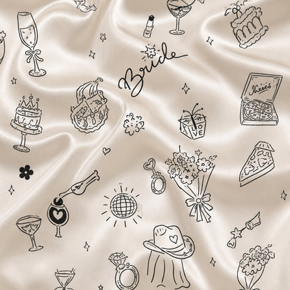 PJ-712-Bridal Satin Pajama Set with Wedding Doodle Pattern and Minimalist Celebration Icons