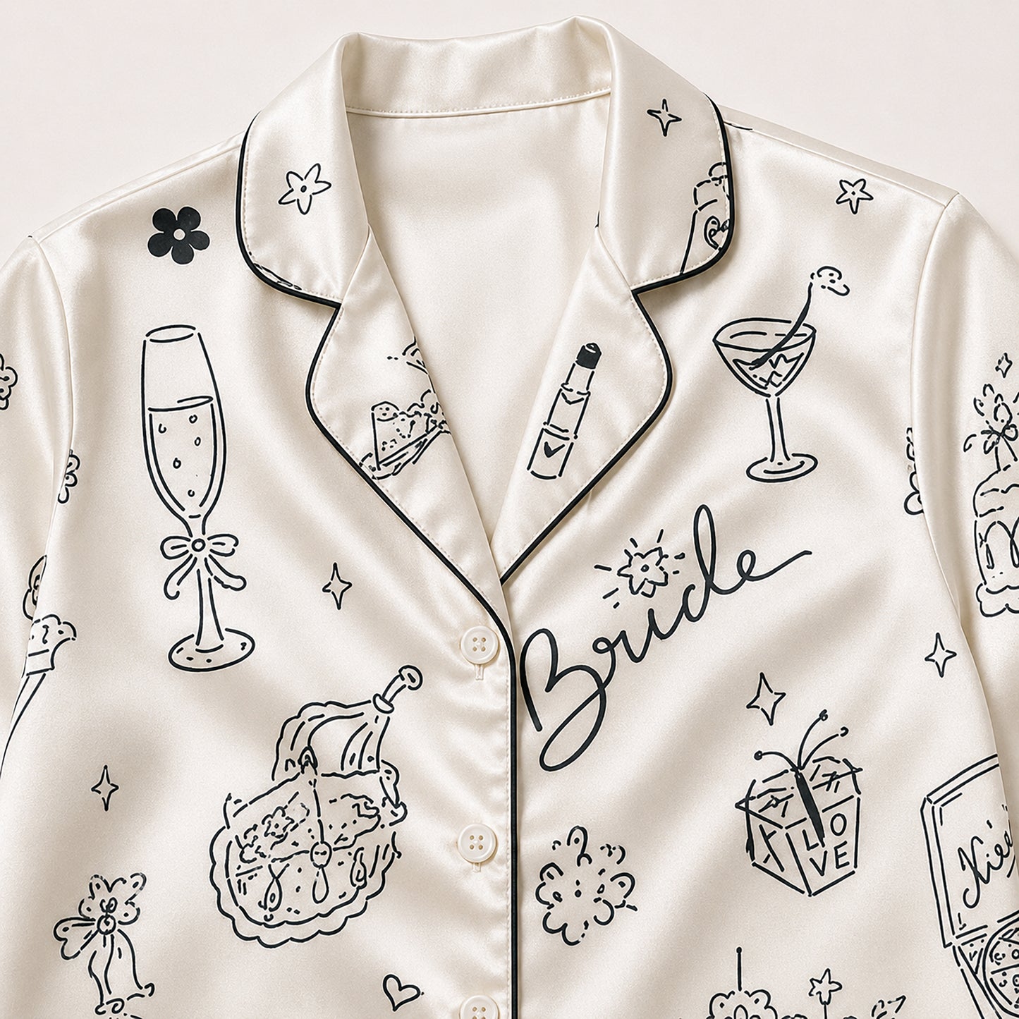 PJ-712-Bridal Satin Pajama Set with Wedding Doodle Pattern and Minimalist Celebration Icons