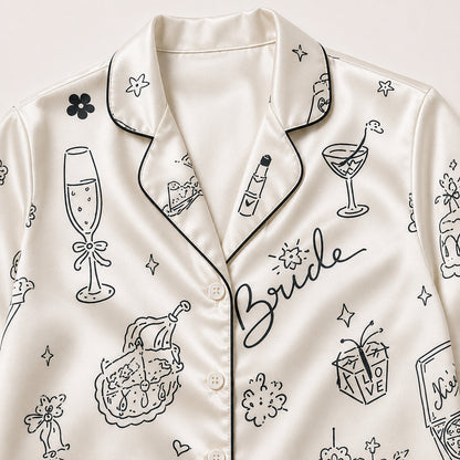 PJ-712-Bridal Satin Pajama Set with Wedding Doodle Pattern and Minimalist Celebration Icons