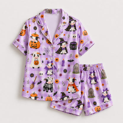 PJ-713-Cute Halloween Cow Satin Pajama Set with Kawaii Witch Highland Cow Pumpkin and Ghost Pattern Nguyen Thanh Phong