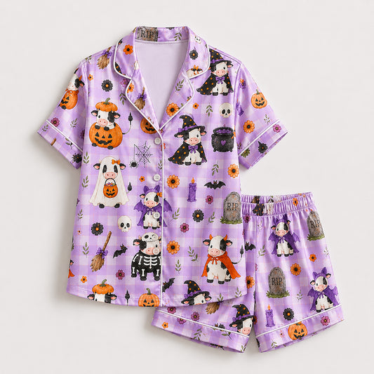 PJ-713-Cute Halloween Cow Satin Pajama Set with Kawaii Witch Highland Cow Pumpkin and Ghost Pattern Nguyen Thanh Phong