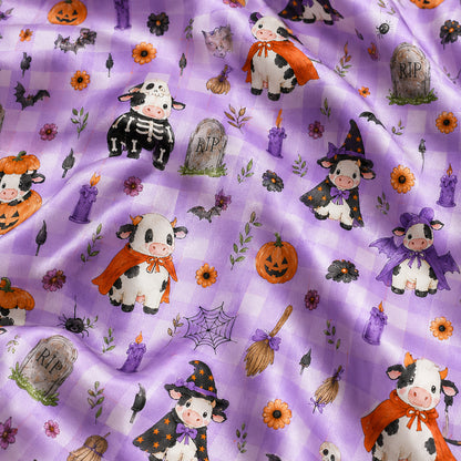 PJ-713-Cute Halloween Cow Satin Pajama Set with Kawaii Witch Highland Cow Pumpkin and Ghost Pattern Nguyen Thanh Phong