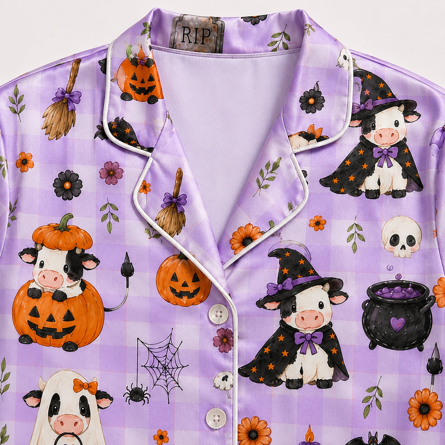 PJ-713-Cute Halloween Cow Satin Pajama Set with Kawaii Witch Highland Cow Pumpkin and Ghost Pattern Nguyen Thanh Phong